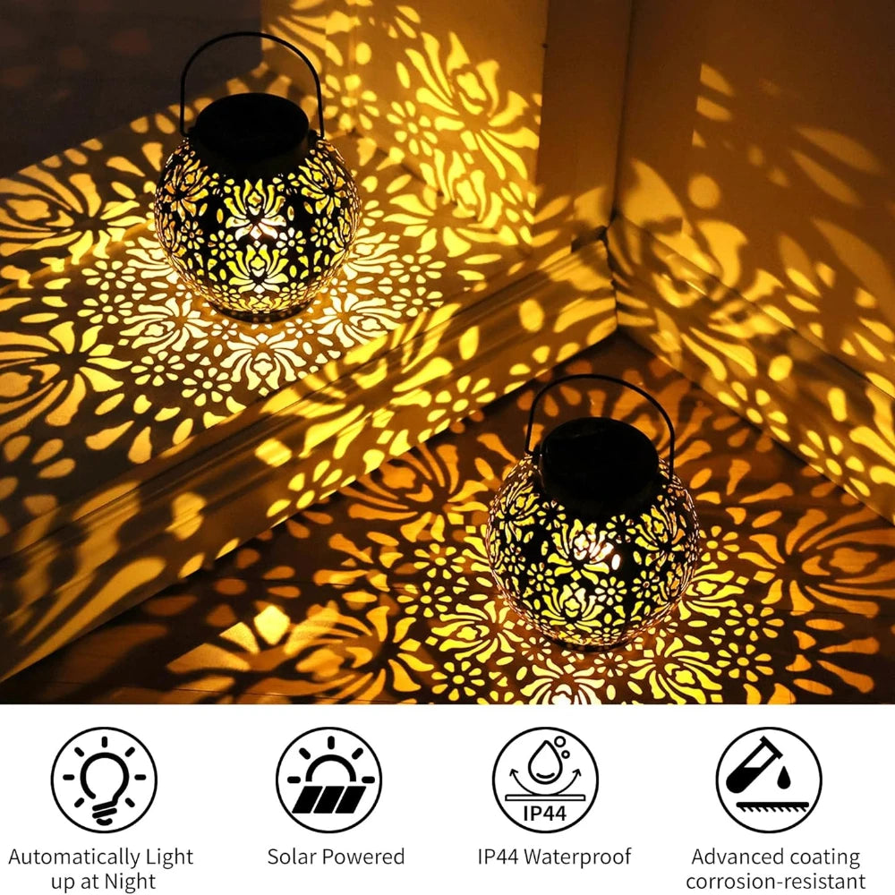 Outdoor Garden Landscape Decoration Solar Lights LED Metal Waterproof round Lantern Lights Hanging Hollow Projection Lights