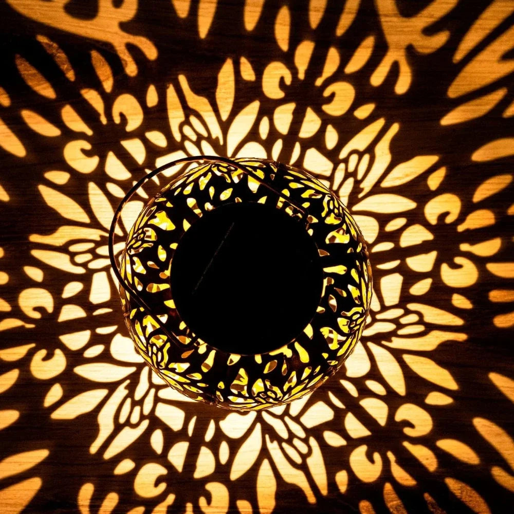 Outdoor Garden Landscape Decoration Solar Lights LED Metal Waterproof round Lantern Lights Hanging Hollow Projection Lights