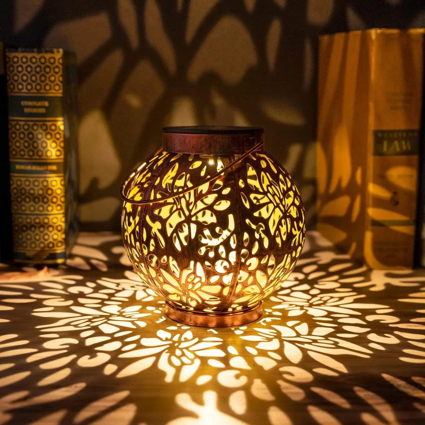 Outdoor Garden Landscape Decoration Solar Lights LED Metal Waterproof round Lantern Lights Hanging Hollow Projection Lights