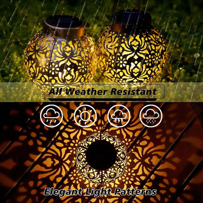 Outdoor Garden Landscape Decoration Solar Lights LED Metal Waterproof round Lantern Lights Hanging Hollow Projection Lights